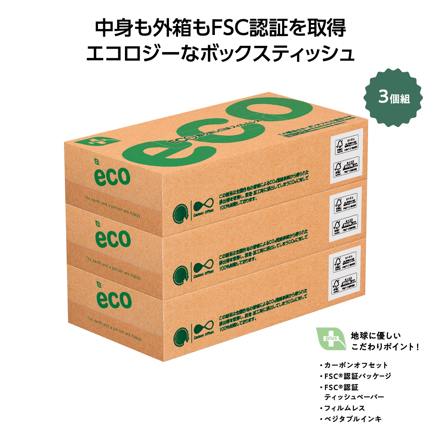 プラスエコBOXティッシュ100W3個組