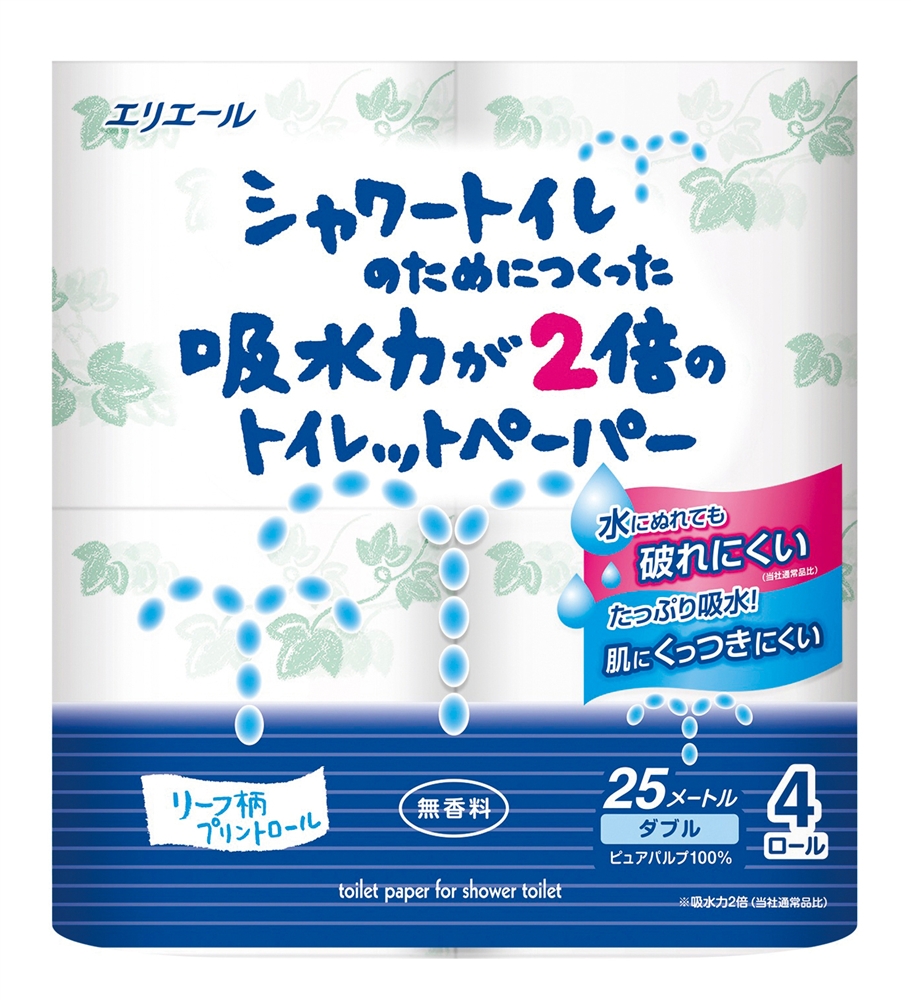 エリエールシャワートイレのためにつくった吸水力が２倍のトイレットペーパー４ロールダブル（２５ｍ）