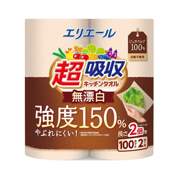エリエール 超吸収キッチンタオル無漂白2ロール(100カット)