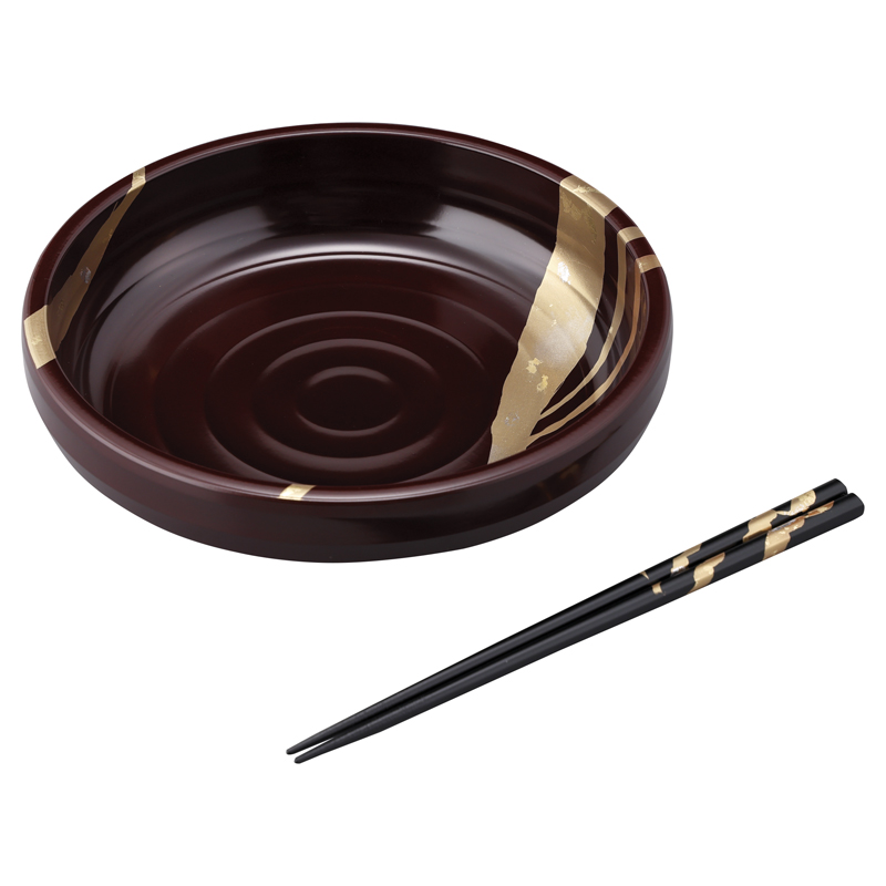 純金箔工芸 溜塗 金彩 8.0山路盛鉢(箸付)